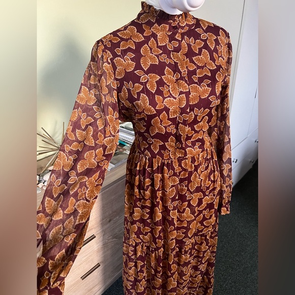 Maroon Orange Autumn Floral Chiffon Mockneck Midi Maxi Fit & Flare Modest Dress - Picture 3 of 17